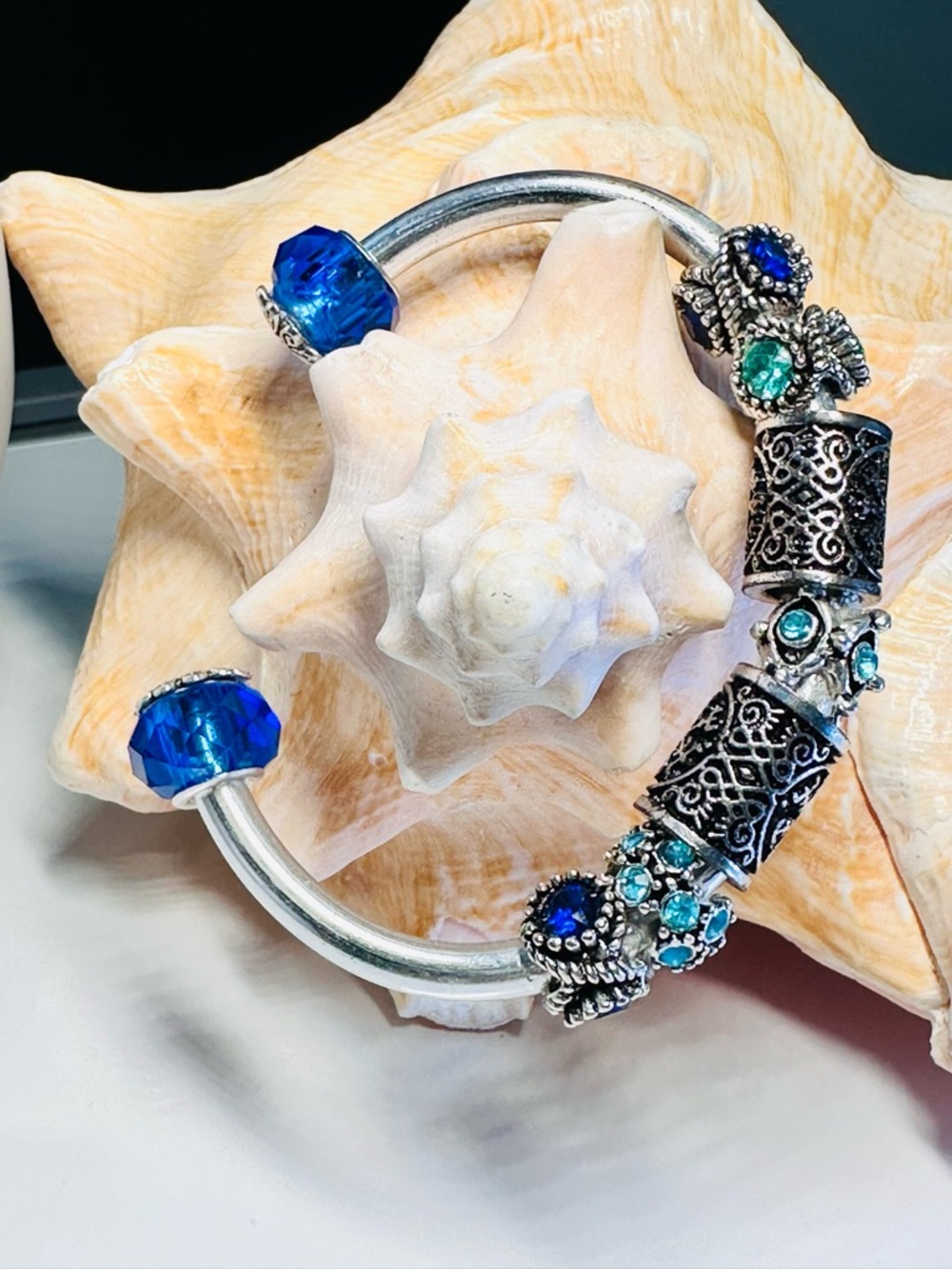 Silver-Tone Open Cuff Bracelet with Blue Crystal Beads